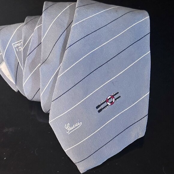 Gucci Blue Silk Tie Link Chain EUC Neckwear Ship Ships Sailboat Nautical Yacht - Picture 1 of 7